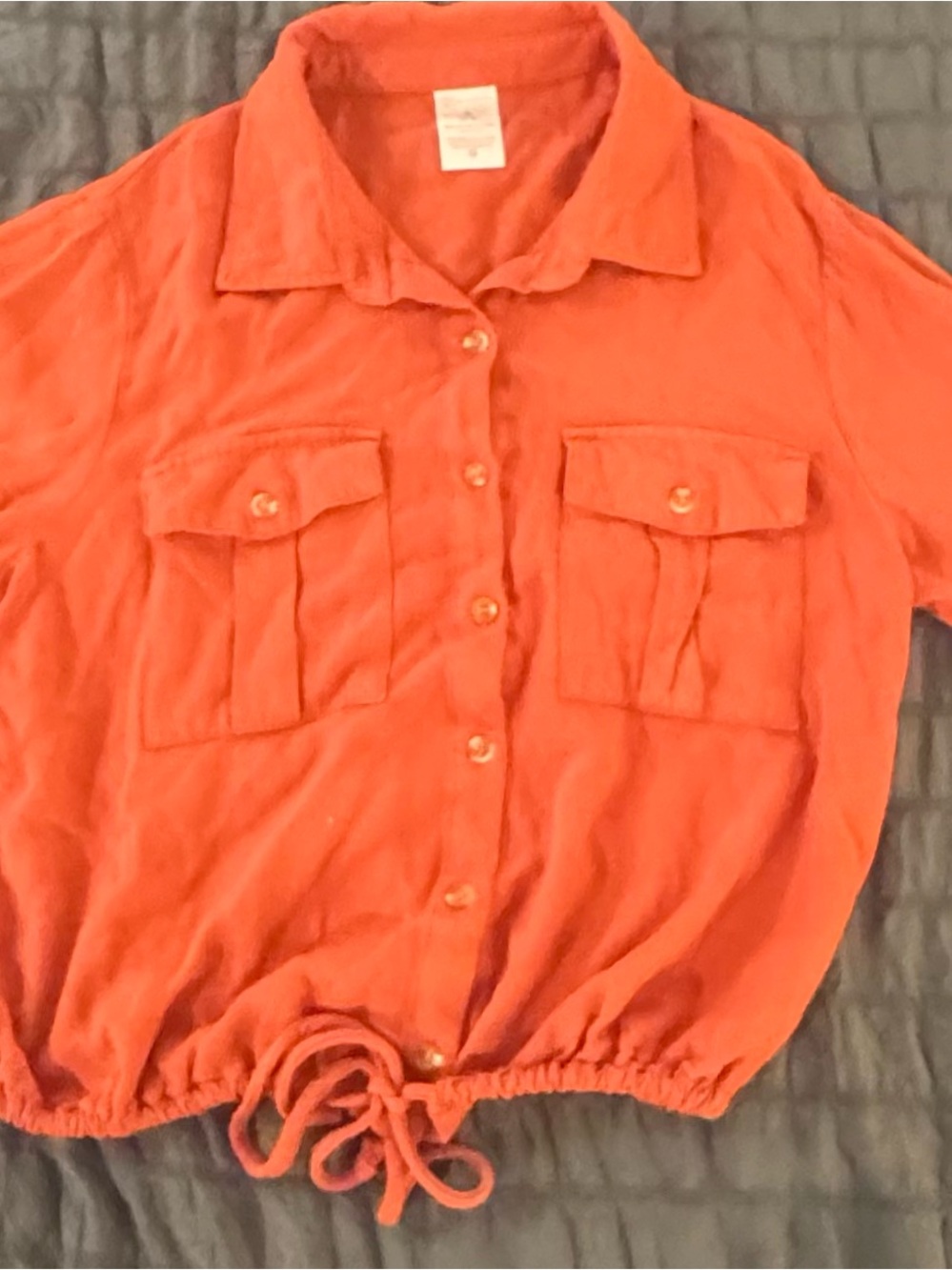 No Boundaries Coral-Orange Button Front Drawstring Shirt